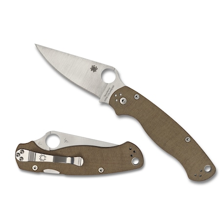 Spyderco 2024 Spyderco Para Military 2, Brown Canvas Micarta, Plain Cru-Wear Steel, Reveal 7 SPY-C81MPCW2